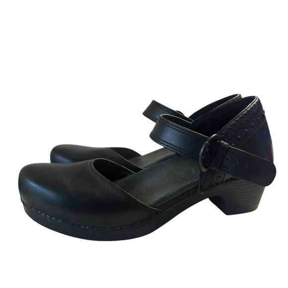Dansko Black Leather Clogs with Strap - Picture 2 of 16